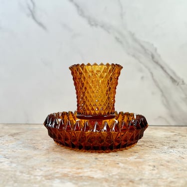 Amber Diamond Point Candle Holder - Vintage Indiana Glass - Perfect for Votive or Taper Candles 