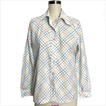 1970s Lucky Winner rainbow plaid blouse - size medium - large 
