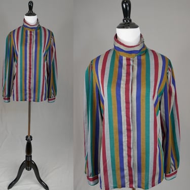 80s Striped Blouse - Gray Red Blue Green Yellow - Unusual Collar - L & S - Vintage 1980s - L 