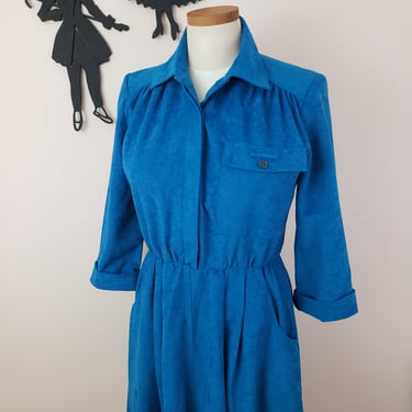 Vintage 1970's Faux Suede Dress / 80s Blue Day Dress L 