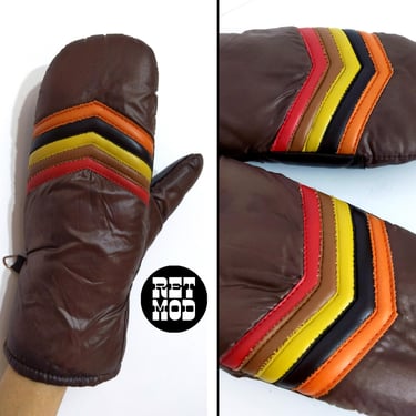 Iconic Vintage 70s Brown Rainbow Stripe Insulated Mittens 