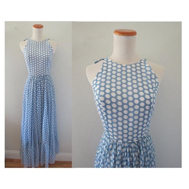 Vintage 70s Maxi Dress - Pastel Blue Polka Dot Print Long Dress - Boho Bohemian Formal Prom - Size XXS XS 