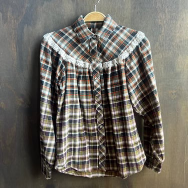Orange and Blue Plaid Pearl Snap with Lace Trim