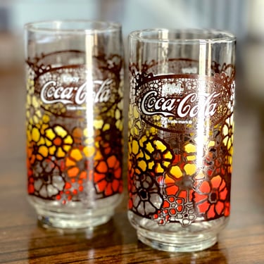 VINTAGE: 1970's - 2pcs - Coca Cola Coke Drinking Glasses - Tumblers, Memorabilia, Autumnal, Yellow Orange Flower Cups - SKU 