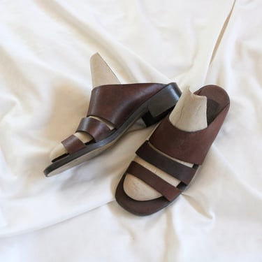 espresso leather sandals - 8.5 - vintage 90s y2k dark brown womens Brazil size eight half open toe slides mules 