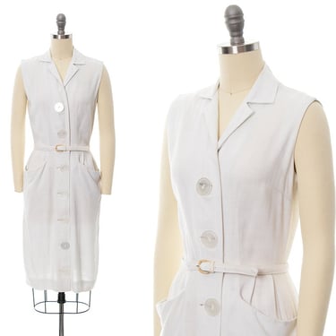 Vintage 1950s Shirt Dress | 50s White Line Big Buttons Wiggle Sheath Shirtwaist Sundress with Pockets (small) 
