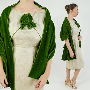 1950s Creme Brocade Cocktail Dress & Velvet Shawl | 50s Beige Brocade Dress with Green Velvet Wrap | Medium 