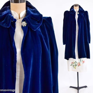 1940s Blue Velvet Evening Coat | 40s Navy Blue Silk Velvet Coat | Medium 