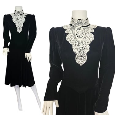 Jessica MCClintock 1980s Black Velvet Wednesday Adams Lace Collar Dress I Sz Med 