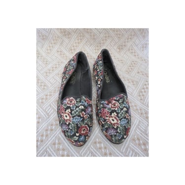 Vintage Tapestry Flats - Floral Fabric Slip On Shoes - 90s Loafers - Size 9 