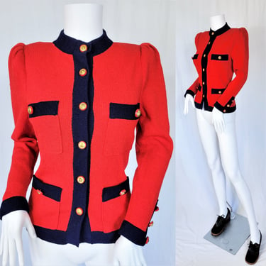 Italian 1980's Red Knit Cardigan Military Style Button Down Sweater I Sz Sm I Barra 