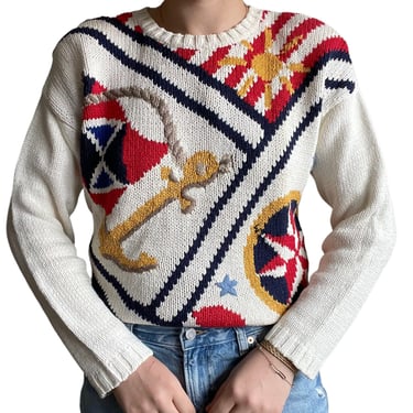 Vintage 80s Womens Chaus Hand Knit Nautical Theme Novelty Beach Sweater Sz M 