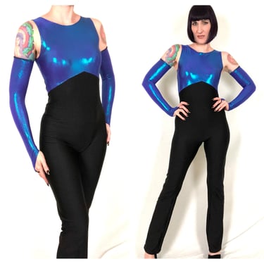 Vintage 80s 90s Blue Purple Metallic Iridescent Lamé Dance Costume Jumpsuit - size Small Medium 