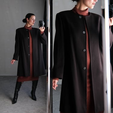 Vintage 90s MONDI Dark Chocolate Brown Diagonal Rigid Stripe Cashmere Blend Minimalist Coat | Made in Poland | 1990s Designer Winter Jacket 
