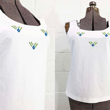 Vintage Sleeveless Shirt White Top Shell Tank Blue Green Summer Embroidered Geometric 1970s 1960s Small Medium 