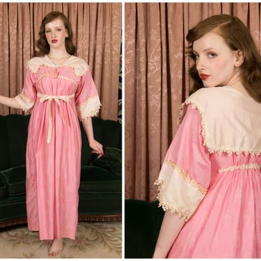 Edwardian Robe - Authentic Vintage 1910s Pink Printed Polished Cotton Peignoir Dressing Gown with Hand Tied Ruffles 