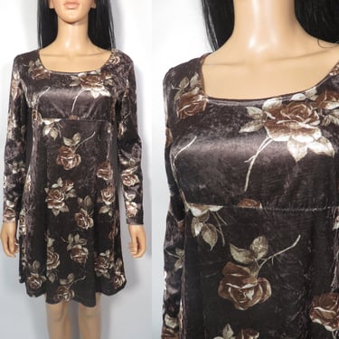 Vintage 90s Velvet Rose Print Babydoll Dress Made In USA Size M 