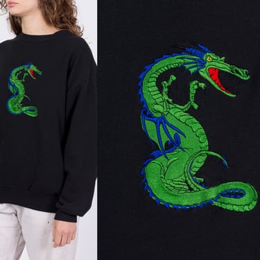 90s Embroidered Dragon Sweatshirt - Men's Large, Women's XL | Vintage Black Crew Neck Pullover 