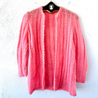 Vintage 60s 70s Mohair Cardigan Pink Fuzzy Sweater 1960s 1970s Fuzzy Knit Top 