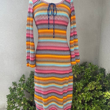 Vintage 70s mod maxi knit dress zigzag print multicolor sheer Sz Small 