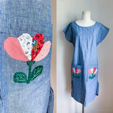 Vintage 1970s Quilted Patchwork Chambray Dress / M 