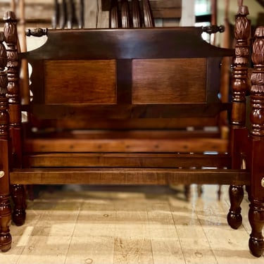 Pineapple & Carved Bell Bed in Mahogany, Original Posts ~ Circa 1850, Resized to Queen with Roll-top, Repeat-end, 2 Panel Headboard