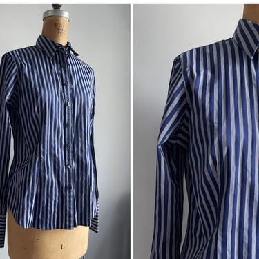 Thomas Pink ladies button down shirt, all cotton, navy blue stripe, French cuffs | Jerwyn Street London, tagged size 14 