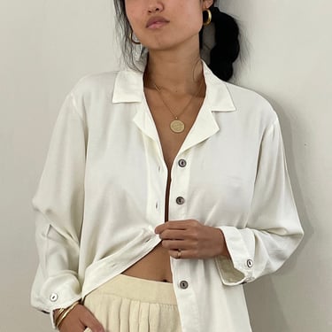 90s blouse / vintage ivory white rayon crepe oversized boxy cropped shirt blouse | Large 