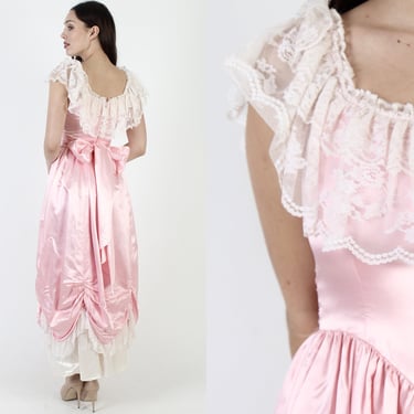 Vintage 70s Off The Shoulder Dress / 1970s Pink Country Ball Gown / Western Shiny Satin Saloon Dress / Sweeping Rouched Long Full Skirt 