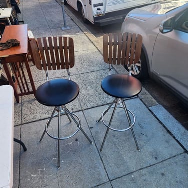 Mid Century Modern Swivel Bar Stools, pair. Chrome Base, Vinyl Upholstered Seat, Wood Slat Back.