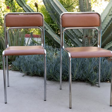 1 of 2 Vintage Tubular Chairs, Bauhaus Brown Tubular Dining Chair, Chrome Mid Century Modern, Space Age, Chrome Stacking Chairs 