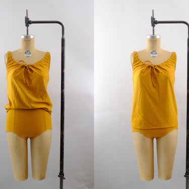 Vintage 60s Bronze Swimsuit Set – 2 Piece Tank and High Waist Shorts – Built-in Bra – Shelf Lined – Size 13/36 – Made in USA 
