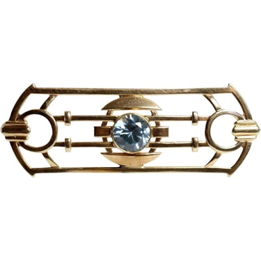 1920's Vintage American Art Nouveau 10 Karat Yellow Gold and Pale Blue Stone Bar Pin 