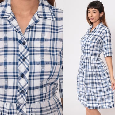 60s Plaid Dress White Blue Button Up Day Dress 1960s Checkered Shirtdress Midi 1/2 Sleeve Pleated Full Skirt High Waist Vintage Small S 