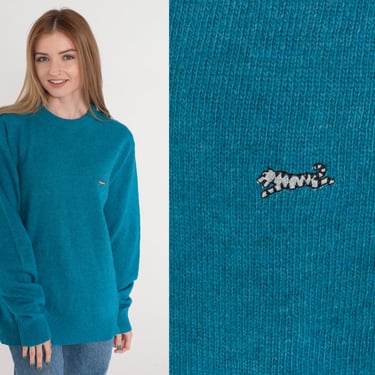 Le Tigre Sweater 80s Blue Wool Pullover Knit Sweater Retro Basic Plain Crew Neck Jumper Simple Crew Neck Solid Vintage 1980s Medium Large 