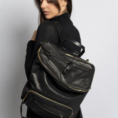 Black Leather and Coated Canvas Backpack