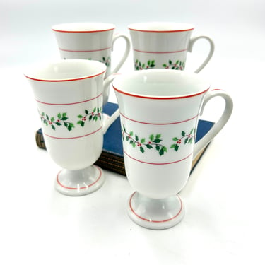 Vintage Otagiri Christmas Irish Coffee Mugs, Pedestal Tea or Coffee Cups, Holly, Berries, Holiday Drinkware, Barware, Made in Japan 