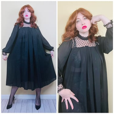 1980s Vintage Black Chiffon Goth Babydoll Dress / 80s Swiss Dot Mesh Sheer Swing Dress  / One Size 