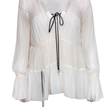 Cinq a Sept - White Sheer Silk Tiered Peasant Blouse w/ Black Ties Sz S