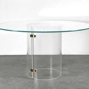 Vintage Mid Century Modern Lucite Brass Glass Round Pedestal Dining Table 1970s 