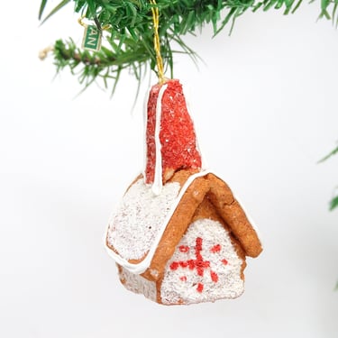 Vintage 1950's Spun Cotton Gingerbread House Ornament, Original Paper Tab,  Antique Christmas Holiday Decor 