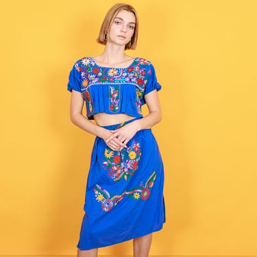 70s Bright Blue Embroidered Reworked Set Vintage Crop Top Skirt Matching Set 