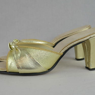 60s 70s Gold Boudoir Heels - Daniel Green - Size 6 1/2 B - Look Unworn - Slip On Mule Style - Great for Costume Wear 