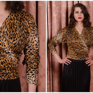 1980s Blouse - Fierce Vintage 80s does  50s Leopard Print Surplice Style Pullover Knit Top 