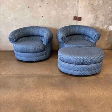 Pair of Vintage Oversized 360 Swivel Chairs & Ottoman