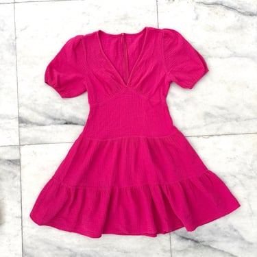 Womens Vintage Dress Pink Puff Sleeve Cotton Fit & Flare Small Cottagecore Barbie Boho 