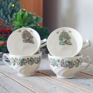 Vintage Johnson Bros Merry Christmas cups / four vintage transferware tea cups / English transferware Holiday cups mugs / transferware china 