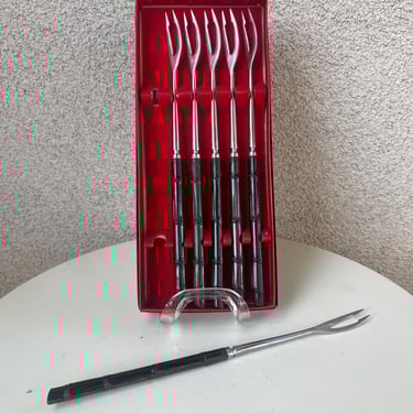 Vintage MCM Fondue 6 Forks Stainless Steel wood Bamboo Shape Handle Japan. 