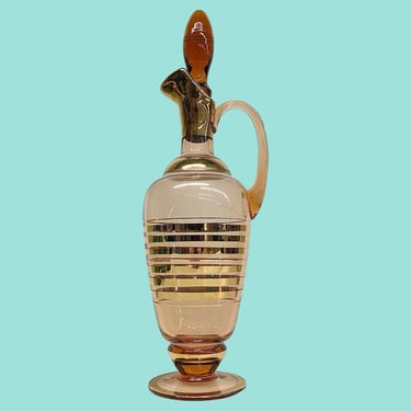 Vintage Decanter Retro 1960s Mid Century Modern + Glass + Striped Gold and Amber Brown + With Stopper + Alcohol Storage + Bottle + Romania 