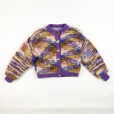 1970s Chunky Knit Psychedelic Angora Fluffy Cardigan / Missmatched Buttons / Cropped / Oversize / Shoulder Pads / Space Dye / Sweater / M L 